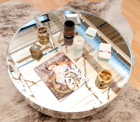 Rachel Zoe, mirrored coffee table, Gucci ashtrays, vintage, branding office, Coveteur